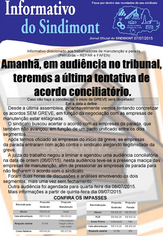 Última tentativa de acordo conciliatório com as empresas de parada e manutenção (REPAR e FAFEN)
